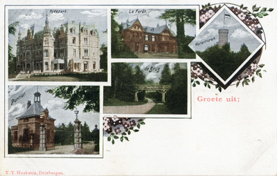 9059 Collage van gezichten te Doorn:- het huis Hydepark- het huis La Fêret.- de watertoren van Hydepark.- de ...